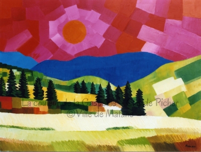 Huile sur toile 30&times;40 1990 Cette toile pr&eacute;sente un soleil rayonnant par-dessus des montagnes. Ce soleil orange produit un rayonnement tr&egrave;s color&eacute;, dans la gamme des rouges, roses et oranges, rayonnement fait d&rsquo;emp&acirc;tements orient&eacute;s de fa&ccedil;on &agrave; cr&eacute;er un mouvement de rotation. Sous lui se postent des montagnes, l&rsquo;une bleu-ciel, l&rsquo;une bleu profond et l&rsquo;une verte. Celle-ci est d&eacute;coup&eacute;e d&rsquo;aplat de couleurs diverses, allant de l&rsquo;ivoire au vert fonce en passant par le rose tendre. Des sapins sont plac&eacute;s de fa&ccedil;on &agrave; cr&eacute;er un effet de profondeur. Ils sont habilement peints: le peintre a ajout&eacute; de rapides traits verts sur la noire silhouette des arbres. Un espace carrel&eacute; de diff&eacute;rentes couleurs s&rsquo;&eacute;tend devant les arbres, espace suivi par des plans de champs. Pour obtenir ces derniers, le peintre a peint par emp&acirc;tements Iin&eacute;aires.