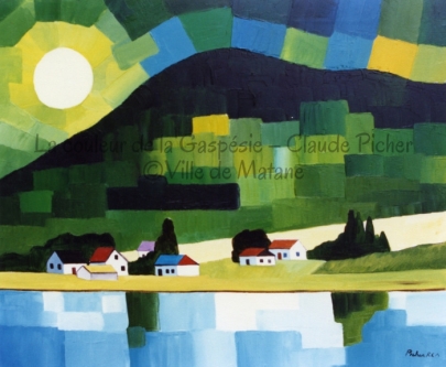Huile sur toile 20&times;24 1990 Le premier plan de l&rsquo;oeuvre est horizontal et compos&eacute; de formes plus on moins carr&eacute;es. Bien que le format horizontal tende &agrave; l&rsquo;immobilit&eacute;, les formes d&eacute;coup&eacute;es dans l&rsquo;eau cr&eacute;ent un effet de mouvement, du au fait que ces formes sont d&eacute;cal&eacute;es les unes par rapport aux autres. Sur ce plan d&rsquo;eau se couche la rive sur laquelle reposent quelques b&acirc;timents et des groupes d&rsquo;arbres qui se refl&egrave;tent dans l&rsquo;eau. Un plan de colline monte vers la droite tandis qu&rsquo;&agrave; l&rsquo;arri&egrave;re on d&eacute;couvre la montagne parsem&eacute;e de formes qui, ici encore, cr&eacute;ent un mouvement. Sur cette montagne brille un soleil blanc et le ciel est fait de carr&eacute;s qui suivent la forme sinueuse de la montagne. Le tout est compos&eacute; dans les teintes de vert, de jaune et de bleu. A ces couleurs s&rsquo;ajoutent le rouge et le mauve pour les toits des maisons.