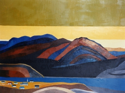 Huile sur toile 24&times;36 1990 Le village fant&ocirc;me dont fait mention le titre occupe une place minime sur la toile. Il se compose de quelques b&acirc;timents qui sont tout petits par rapport aux gigantesques montagnes qui prennent possession de la majeure partie de l&rsquo;oeuvre. Ces montagnes sont cr&eacute;&eacute;es par une superposition de stries de couleurs bleue, noire, grise ou brun&acirc;tre. Au pied de ces montagnes, on d&eacute;couvre la lisse surface d&rsquo;un plan d&rsquo;eau et en arri&egrave;re-plan, le ciel compos&eacute; d&rsquo;un d&eacute;grad&eacute; de couleurs appos&eacute;es par bandes horizontales.