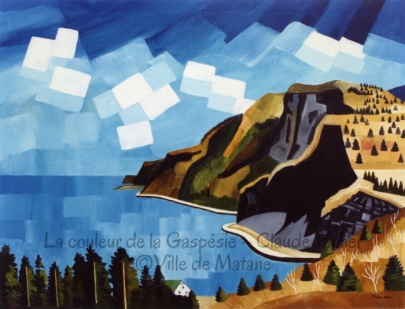 Huile sur toile 30&times;40 1990 Cette oeuvre pr&eacute;sente une partie de la c&ocirc;te gasp&eacute;sienne qui voisine le fleuve. Ce dernier, rendu par une s&eacute;rie de rectangles juxtapos&eacute;s et de couleurs en d&eacute;grad&eacute;, se d&eacute;coupe sur un ciel peint dans les m&ecirc;mes teintes de bleu mais dont les rectangles sont beaucoup plus marqu&eacute;s et dont certains ne se fondent pas les uns dans les autres. C&rsquo;est le cas de ces rectangles blancs, symbolisant les nuages du ciel mais dont l&rsquo;essence a &eacute;t&eacute; r&eacute;duite &agrave; une forme g&eacute;om&eacute;trique. Picher a traduit en formes g&eacute;om&eacute;triques ce qu&rsquo;il voyait. Ou encore il a rendu mat&eacute;riel l&rsquo;air ambiant, le solidifiant, lui donnant une forme. Surplombant le fleuve, une montagne, couverte d&rsquo;une herbe jaunie et parsem&eacute;e de quelques sapins et d&rsquo;arbres ayant perdu leurs feuilles, prend sa place dans l&rsquo;espace. On sent bien le volume, la masse de cette montagne qui am&egrave;ne un &eacute;l&eacute;ment solide dans l&rsquo;oeuvre. Sans elle, les &eacute;l&eacute;ments du tableau se r&eacute;duiraient &agrave; de l&rsquo;air et &agrave; de l&rsquo;eau. Sur cette montagne, on retrouve une masse noire dans laquelle il serait tentant de s&rsquo;infiltrer, de se perdre. Au bas du tableau, une parcelle de maison indique une pr&eacute;sence humaine. Cette derni&egrave;re vient att&eacute;nuer l&rsquo;impression de paysage sauvage, de paysage inaccessible &agrave; l&rsquo;homme.
