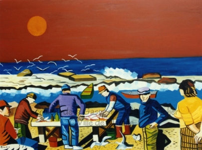 Huile sur toile 36&times;48 1990 En premier plan de cette oeuvre, on d&eacute;couvre un groupe de p&ecirc;cheurs parmi lesquels trois d&rsquo;entre eux sont r&eacute;unis autour d&rsquo;une table et s&rsquo;emploient &agrave; nettoyer le produit de leur p&ecirc;che. Ils prennent place sur le sol sablonneux qui refl&egrave;te la chaude lumi&egrave;re du soleil. Derri&egrave;re les p&ecirc;cheurs se situe un plan d&rsquo;eau, plan d&rsquo;eau coup&eacute; par une bande de rochers sur lesquels viennent se fracasser les eaux. Des oiseaux stylis&eacute;s et dont la forme est rendue dans son expression minimale volent au-dessus du fleuve. Enfin, le tout se d&eacute;tache sur un ciel orang&eacute;. Le tableau est construit en suivant l&rsquo;orientation horizontale typique au paysage. Seuls les personnages constituent les &eacute;l&eacute;ments verticaux de l&rsquo;oeuvre.