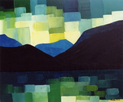 Huile sur toile 20&times;24 1990 Tableau &agrave; dominance verte. Les eaux du premier plan semblent mar&eacute;cageuses. Ces eaux sont form&eacute;es par une s&eacute;rie de rectangles verts. Ces rectangles sont plus clairs au bord de la toile et deviennent plus sombres &agrave; mesure que le regard du spectateur p&eacute;n&egrave;tre dans le tableau. Cela cr&eacute;e un effet de profondeur. Derri&egrave;re l&rsquo;&eacute;tendue d&rsquo;eau se tiennent des montagnes noires. On peut voir les coups de spatule qui forment ces montagnes. Un peu plus loin, on d&eacute;couvre des montagnes bleues, lesquelles sont couronn&eacute;es par un ciel vert dans lequel quelques carr&eacute;s sont jaunes. La proximit&eacute; de ces carr&eacute;s jaunes avec les montagnes bleues nous rappelle que le jaune m&eacute;lang&eacute; au bleu donne le vert. Ces formes jaunes constituent un &eacute;clairci dans le ciel.