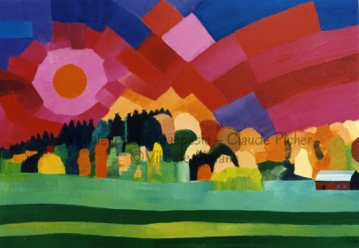 Huile sur toile 24&times;36 1990 Comme l&rsquo;indique si bien le titre de l&rsquo;oeuvre, ce tableau repr&eacute;sente un ciel enflamm&eacute; de multiples couleurs. Rayonnant autour d&rsquo;un soleil orang&eacute;, des plages de couleurs roses, rouges, magenta, bourgognes, mauves, violets, bleus et orang&eacute;s s&rsquo;&eacute;talent, d&rsquo;abord autour du soleil puis se propagent dans le ciel en larges bandes rectangulaires. Sous ce ciel color&eacute;, une for&ecirc;t de conif&egrave;res et de feuillus color&eacute;s par la venue de l&rsquo;automne sert de zone de transition entre le mouvement du ciel et le calme du sol, sol r&eacute;alis&eacute; &agrave; l&rsquo;aide d&rsquo;une juxtaposition de bandes horizontales de diff&eacute;rentes teintes de vert. Sur l&rsquo;une d&rsquo;elle, on retrouve une grange, seule marque de la pr&eacute;sence humaine. Cette grange para&icirc;t minuscule &agrave; c&ocirc;t&eacute; des &eacute;l&eacute;ments qui la c&ocirc;toient. Cette petitesse symbolise peut-&ecirc;tre la faiblesse de l&rsquo;homme devant les forces de la nature ou encore devant la volont&eacute; de Dieu.