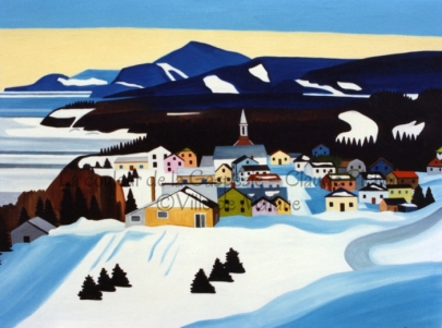 Huile sur toile 36&times;48 1991 On retrouve le village de Grosses-Roches apr&egrave;s avoir travers&eacute; une &eacute;tendue de neige aux reflets bleut&eacute;s. Des maisons de diverses couleurs composent ce village. Derri&egrave;re lui, on d&eacute;couvre des for&ecirc;ts de conif&egrave;res &agrave; l&rsquo;arri&egrave;re desquelles s&rsquo;&eacute;tendent plusieurs montagnes bleues dont certains endroits sont recouverts de neige. Fermant ce paysage, un ciel bicolore prend place: il est jaune &agrave; la base et bleu en haut, ce qui indique que le soleil va bient&ocirc;t se coucher ou se lever. Dernier &eacute;l&eacute;ment de l&rsquo;oeuvre: le fleuve. Il se tient &agrave; gauche du village et est pris sous les glaces.