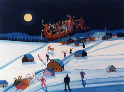 Huile sur toile 36&times;48 1991 Cette sc&egrave;ne illustre un moment de cette l&eacute;gende qu&eacute;b&eacute;coise. On peut y voir les b&ucirc;cherons, buvant et ramant dans leur canot flottant, le diable et sa fourche les suivant. Ils volent au-dessus d&rsquo;un petit village et les gens de ce village ont connaissance du passage de ce canot ensorcel&eacute;. Ce qui est bizarre, dans cette sc&egrave;ne nocturne, c&rsquo;est que les personnages sont aussi grands que les maisons du village. Peut-&ecirc;tre est-ce l&rsquo;effet de la magie de cette l&eacute;gende qui flotte dans l&rsquo;air? Les lignes diagonales de l&rsquo;oeuvre am&egrave;nent le regard du spectateur sur le canot flottant et sur le village.