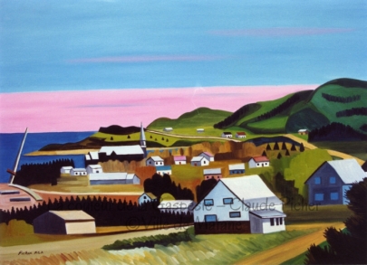 Huile sur toile 24&times;36 1991 Cette sc&egrave;ne pr&eacute;sente un village gasp&eacute;sien, construit suivant les d&eacute;nivellations du terrain et sur lequel brille une chaude lumi&egrave;re. Un ciel bleu clair, dont le bas se forme d&rsquo;une bande rose, cr&eacute;e une atmosph&egrave;re sp&eacute;ciale. La terre et la verdure sont rendues dans de chaudes couleurs. Devant le ciel se d&eacute;tachent de rondes montagnes d&eacute;cor&eacute;es par des rang&eacute;es de sapins. Au premier plan, dans le coin droit, on peut voir le d&eacute;tail d&rsquo;un sapin.