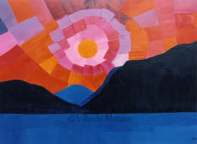 Huile sur toile 24&times;36 1991 Une autre oeuvre dans la lign&eacute;e des soleils rayonnants. Le soleil orang&eacute; est encercl&eacute; par un rayonnement de quadrilat&egrave;res dans les tons rouge&acirc;tres, passant du mauve &agrave; l&rsquo;orang&eacute; et au rouge fonc&eacute;. Cette zone color&eacute;e est arr&ecirc;t&eacute;e par des montagnes noires puis, au bas de l&rsquo;oeuvre, on rencontre le bleu qui constitue les eaux du lac. Le peintre aine &agrave; jouer avec les formes. Celles du ciel cr&eacute;ent un mouvement tandis que les formes des eaux invitent au calme et &agrave; l&rsquo;immobilit&eacute;. Les montagnes noires jouent un r&ocirc;le de transition entre le mouvement et l&rsquo;immobilit&eacute;. De plus, ces montagnes s&eacute;parent les couleurs chaudes du ciel des couleurs froides de l&rsquo;eau.