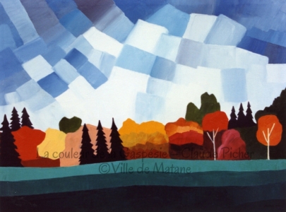 Huile sur toile 30×40 1991 Le premier plan se compose de bandes vertes qui ondulent. Au sommet de ces bandes qui créent un effet de perspective, on retrouve différentes représentations d’arbres rendues par taches de couleurs ou encore telles des ombres noires pour ce qui est des conifères. Puis, derrière ces arbres, un rayonnement, dans le ciel, de carrés et de rectangles de teintes bleue, grise ou blanche