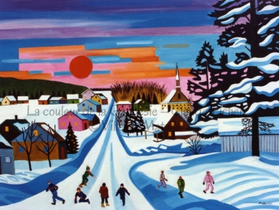 Huile sur toile 30×40 1991 Cette scène montre des enfants jouant dans la neige. ils se trouvent sur une route qui traverse le petit village. De ce village, on aperçoit l’église et l’école. Dans la partie à droite de l’oeuvre, un arbre trône, immensément grand par rapport aux enfants et aux bâtiments. On n’en aperçoit même pas la chute et l’on peut imaginer que l’arbre se poursuive encore dans les cieux. Certaines branches de l’arbre soutiennent la neige bleutée. Par contre, certaines parties des sapins se composent comme des silhouettes qui encerclent et laissent ajourées les couleurs du ciel sur lesquelles elles se découpent. Le ciel de cette oeuvre est spécial. Il se compose d’une juxtaposition de fins et longs rectangles de couleurs différentes. Un soleil orange se découpe sur ce fond coloré. A la gauche de l’oeuvre, en arrière-plan, une montagne verte. Bizarrement, ses cimes ne sont pas recouvertes de neige.