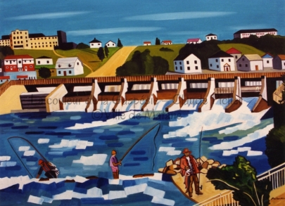 Huile sur toile 30×40 1991 Vue du barrage Mathieu-D’Amours, cette toile montre quelques pêcheurs taquinant le saumon dans les eaux de la rivière Matane, en plein centre-ville. L’eau de la rivière est rendue par de larges traits de diverses teintes de bleu. On en retrouve aussi des blancs représentant l’écume produite par la force du courant. Le barrage constitue la principale ligne horizontale de l’oeuvre et se situe presqu’en son centre. Derrière le barrage, on peut voir quelques bâtiments matanais dont l’hôpital qui trône sur la colline.