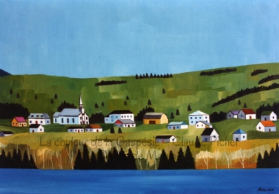 Huile sur toile, 24 x 36, 1990. Ce tableau est construit selon des lignes horizontales. Au premier plan, on retrouve une bande bleue tenant lieu de cours d’eau. Une autre bande horizontale est composée d’arbres et sert un peu de repoussoir au village qui se trouve à l’arrière. Ce village contient des bâtiments posés un peu partout et derrière, une colline couverte d’herbe verdoyante laisse voir, ici et là, des conifères noirs. La dernière bande horizontale de cette oeuvre se retrouve dans le ciel bleu et uniforme qui clôture le paysage.