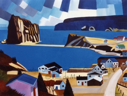 Huile sur toile 30×40 1991 Cette oeuvre représente le rocher Percé et la cote qui l’environne, avec ses maisons, ses chemins, ses arbres… Le peintre s’est servi d’un bleu saturé pour créer le fleuve, ce qui donne une eau sans reflet ni modulation, créant ainsi une atmosphère de calme. Le village aussi semble calme. En effet, on peut y voir des bâtiments mais pas de personnage ni de trace de présence humaine: vêtements séchant sur la corde, ballon oublié par des enfants… Encore une fois, on a droit à un ciel « à la Ficher », c’est-à-dire un ciel formé d’un ensemble de carrés et de rectangles peints à la spatule et ce, dans les teintes de bleu, de gris ou de blanc.