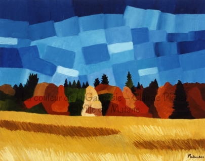 Huile sur toile 24×30 1991 Cette scène d’automne se présente sur trois plans différents. Au premier plan, on voit un champ créé par une multitude de coups de spatule légèrement inclinés et dont la profondeur résulte de l’utilisation de diverses couleurs: beige, ocre et brun. Le deuxième plan se compose d’un rideau d’arbres colorés, arbres qui semblent lourds et compacts comme des rochers. En effet, ils sont sculptés à coups de spatule ou encore se présentent comme des plages de couleurs. Enfin, au troisième plan, un assemblage de rectangles de diverses teintes de bleu forment le ciel.