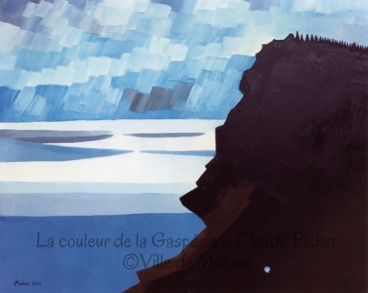 Huile sur toile 24×30 1991 - Presque la moitié de cette oeuvre est occupée par un pic noir qui se détache sur un ciel créé par des empâtements de diverses teintes de bleu et sur une étendue d’eau qui semble gelée en quelques endroits. Les trois plans composés par le fleuve, la neige et le ciel voient leur orientation horizontale – coupée par la verticalité du cap rocheux.