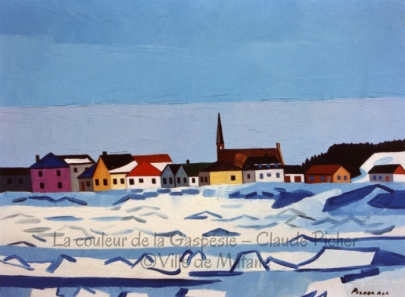 Huile sur toile 18×24 1991 Le village de Petit-Matane est présenté comme un rideau de bâtiments. Ces bâtiments se détachent sur un ciel bleu créé de deux bandes horizontales, chacune d’un bleu différent. Puis, se rendant jusqu’au pied du village, on voit le fleuve, qu’on retrouve ici à moitié gelé et sur lequel flottent des morceaux de glace et des amas de neige. Ces amas et morceaux sont créés simplement par un coup de pinceau. Picher sait vraiment rendre l’essence d’une forme sans rien ajouter de superflu.