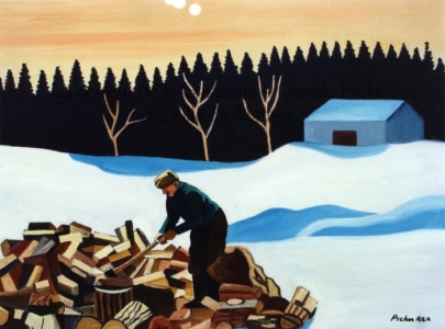 Huile sur toile 18×24 1991 Un homme, au premier plan, est en train de fendre des bûches de bois. Derrière lui s’étend un champ de neige blanche sur lequel les ombres apparaissent bleutées. Sur ce champ se pose une cabane et ensuite vient un rideau d’arbres. Derrière ce rideau, on retrouve un ciel crépusculaire.