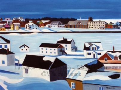 Huile sur toile 18×24 1991 Cette toile montre la rivière Matane et ses deux rives. Sur chacune de ces rives, on retrouve des bâtiments parmi lesquels il est facile d’identifier l’église Saint-Jérôme et son presbytère de même que le bâtiment de la Commission scolaire. Cette vue de Matane a été peinte lorsque la neige recouvrait la ville, ce qui lui confère une atmosphère de calme et de silence.