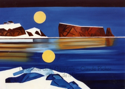 Huile sur toile 24×36 1991 Le rocher Percé l’hiver est un thème peu représenté. Picher l’a fait (voir #82 Percé et l’hiver). Cette fois-ci, le peintre montre le célèbre rocher la nuit. Dans cette toile, on voit le rocher Percé de même que la côte tout près. Le spectateur se situe à quelque distance, sur un amas de neige et de glace. La lune, toute ronde, se reflète dans l’eau. Cependant, son image est légèrement décalée vers la droite. Le reflet de la côte et du rocher sont rendus par une peinture brossée, diffuse, rendu qui n’est pas habituel chez le peintre.