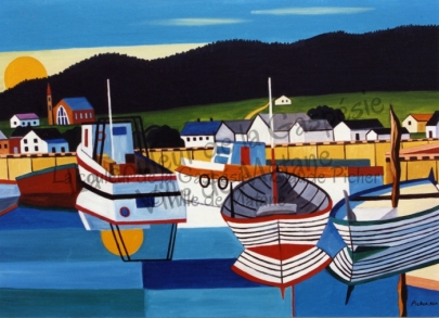 Huile sur toile 24×36 1991 Cette oeuvre montre un village au quai duquel sont amarrés plusieurs bateaux. Ces bateaux se voient reflétés dans des eaux si calmes que leur reflet est semblable à celui que leur renverrait un miroir. Picher a rendu solide l’eau qui est réalisée par de longs rectangles de couleur bleue. Un rempart sépare l’eau de la terre ferme et sur cette terre se dressent quelques bâtiments. A l’arrière des bâtiments, on retrouve une plaine. Vient ensuite une montagne recouverte de conifères. Un soleil se cache à demi derrière cette montagne et il colore une partie du ciel de jaune.