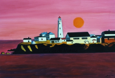 Huile sur toile 24×36 1991 Le soleil couchant colore le ciel de rose. Il va bientôt se coucher derrière ce village qui abrite un phare s’élevant dans les cieux. La terre soutenant ce village s’enfonce dans le fleuve qui, lui aussi, est coloré par la lumière crépusculaire. Les lignes de construction de cette oeuvre sont orientées horizontalement. Seul le phare se dresse à la verticale.