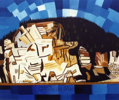 Huile sur toile 40×48 1991 Le Cap Forillon apparaît tout baigné de la chaude lumière du jour. Son relief est créé à l’aide d’une multitude de traits orientés différemment. Derrière le cap rocheux, on retrouve une forêt de conifères qui se détache sur un ciel formé de quadrilatères de diverses teintes de bleu. Au premier plan, on voit le fleuve, représenté ici par deux bandes de carrés bleutés.