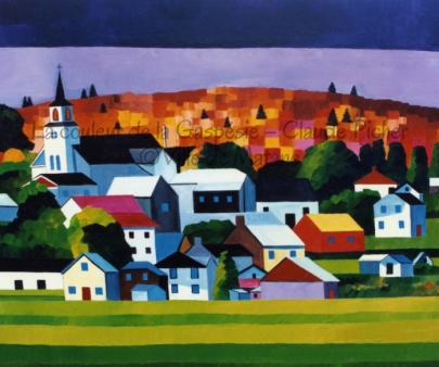 Huile sur toile 40×48 1991 Cette oeuvre montre un village au quai duquel sont amarrés plusieurs bateaux. Ces bateaux se voient reflétés dans des eaux si calmes que leur reflet est semblable à celui que leur renverrait un miroir. Picher a rendu solide l’eau qui est réalisée par de longs rectangles de couleur bleue. Un rempart sépare l’eau de la terre ferme et sur cette terre se dressent quelques bâtiments. A l’arrière des bâtiments, on retrouve une plaine. Vient ensuite une montagne recouverte de conifères. Un soleil se cache à demi derrière cette montagne et il colore une partie du ciel de jaune.