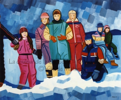 Huile sur toile 40×48 1991 Cette oeuvre présente des enfants, chaudement habillés pour affronter le froid de l’hiver et qui posent devant le peintre. Les costumes dont ils sont vêtus sont très colorés et ils contrastent avec la monochromie bleutée du paysage. Ce dernier se compose d’un avant-plan de glace créé par une multitude de rectangles bleus ou grisâtres, le tout sur un fond de neige. Derrière les enfants s’étend un grand champ de glace, lequel est arrêté par une chaîne de montagnes bleues. Au-dessus de ces montagnes, on retrouve un ciel carrelé dont les formes se superposent les unes aux autres.