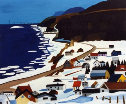 Huile sur toile 40×48 1991 Scène représentant un petit village vu en plongée et près duquel on aperçoit le fleuve et à l’arrière, des montagnes. Le village gaspésien est disposé sur un tapis de neige. Les eaux du fleuve sont gelées à proximité du rivage. Une route déserte traverse le tableau. Elle se rend jusqu’aux montagnes créées par des aplats de couleurs foncées. Plus loin, on peut voir des montagnes bleues. On ne distingue aucune présence humaine dans ce village.