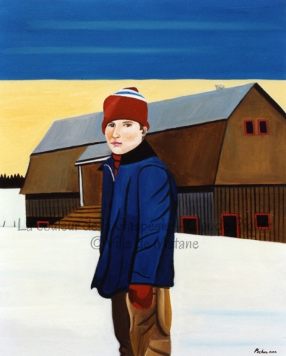 Huile sur toile 24×30 1991 Cette oeuvre présente un adolescent qui se tient seul, de trois quart, au milieu de la scène. Derrière lui, on peut voir une grange. Celle-ci est vue en perspective, perspective qui donne au toit une forte inclinaison. La grange se découpe sur un ciel jaune. Ce ciel est composé de deux couleurs: jaune en bas et bleu en haut. Ces deux couleurs sont très bien définies l’une par rapport à l’autre et mettent en évidence la ligne horizontale que l’on retrouve dans plusieurs toiles de Picher et qui est le symbole de la continuité, de l’infini. Le bleu du ciel rappelle celui du veston du garçon, tandis que le brun de ses pantalons renvoie à la couleur de la grange. Sa tuque, ses mitaines et son chandail évoquent le tour rouge des fenêtres du bâtiment. La grange inclinée et en perspective brise l’horizontalité de la scène, horizontalité créée en grande partie par le ciel.