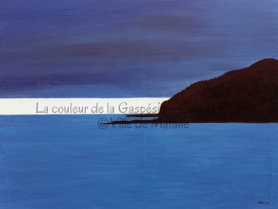 Huile sur toile 30×40 1991 Oeuvre à dominance bleue. En effet, le premier plan est créé par le fleuve. On retrouve ensuite le Cap-Blanc, plongé dans l’ombre. Une lumière aurorale blanche passe derrière lui, le long de la ligne d’horizon. Ensuite, au-dessus de cette lumière s’étend une partie de ciel bleu. Les éléments du paysage sont réduits à l’essentiel. Par exemple, le Cap-Blanc n’est ici qu’une masse noire. Bien que la composition de cette toile soit d’une orientation horizontale, la forme du cap en brise l’horizontalité.