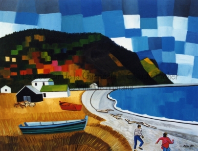 Huile sur toile 30×40 1991 Cette scène présente une baie gardée par de hautes montagnes sur lesquelles plusieurs carrés de couleurs contrastantes se découpent. Le sommet de la plus proche montagne est créé par des cîmes de conifères, lesquelles le peintre a rendues par une série de hachures créées à l’aide de la spatule. Le flanc de cette montagne se présente comme un trou noir. Qu’est-ce donc que cette zone? Une partie de roc plongée dans l’ombre? Une cavité à l’intérieur de la montagne? Qui sait? On peut cependant voir un noir profond qui nous attire et nous intrigue. Les montagnes présentes dans l’oeuvre se découpent sur un ciel fait d’une multitude de rectangles juxtaposés. La couleur de ces rectangles varie dans la gamme des bleus et des gris bleutés. Ici encore, le peintre a étendu la peinture à larges coups de spatule. L’eau, faite d’un dégradé de bleu, est arrêtée par une plage grise. Cette plage est ceinte par un champ rendu par une multitude de coups de pinceau dans les tonalités de ocre. Sur ce champ, on retrouve deux barques de même que des bâtiments réduits à de simples formes géométriques. Enfin, au premier plan, on peut voir deux enfants qui courent sur la plage.