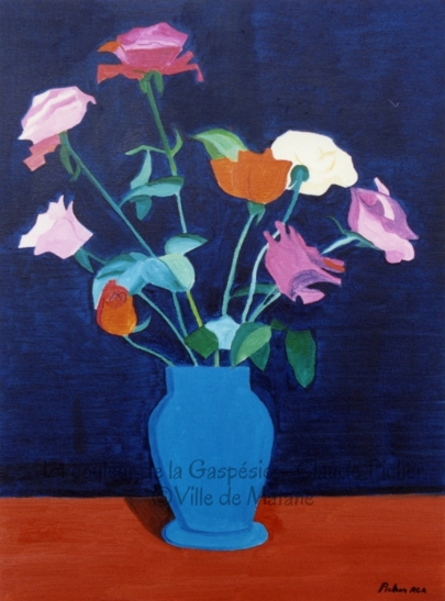 Une des deux natures mortes de la collection, cette toile présente un pot contenant des roses de différentes couleurs. Ce pot bleu contraste avec la table orangée sur laquelle il repose. Il est à noter que ces deux couleurs sont complémentaires. Le fond du tableau est formé d’un bleu nuit uniforme.
