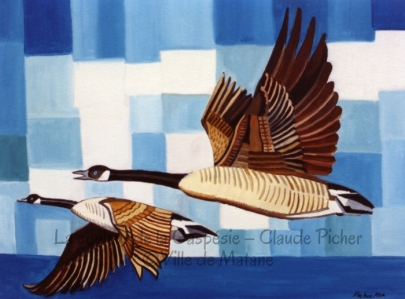 Huile sur toile 18×24 1991 Sur cette toile, on peut voir deux outardes en plein vol. Ces oiseaux sont dépeints avec une multitude de détails. Le peintre s’est appliqué à tracer chaque plume. Les outardes semblent voler au-dessus du fleuve et derrière elles, on aperçoit un ciel composé de carrés de différentes teintes de bleu et de blanc.