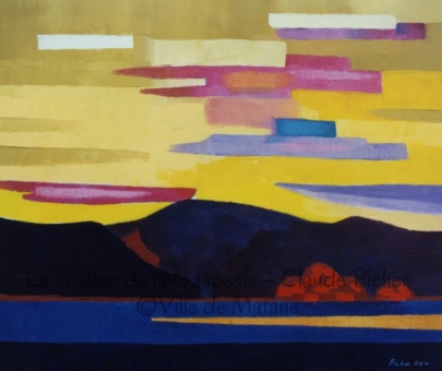 Huile sur toile 20×24 1991 Cette oeuvre présente un paysage d’automne vu au crépuscule. Le ciel jaune est strié de bandes de diverses couleurs. Les coups de spatule de l’artiste sont apparents. Sous ce ciel jaune, on retrouve de sombres montagnes sur lesquelles viennent se détacher de petits arbustes rougeâtres. Au premier plan, un cours d’eau, rendu par des bandes bleues dont la plus lointaine est plus pâle, laisse percer ses eaux d’une pointe de terre jaune qui en déchire la surface.