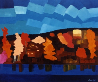 Huile sur toile 20×24 1991 Cette scène présente la rive d’un lac bordé d’arbres au feuillage automnal. Ces arbres aux formes anguleuses et stylisées se reflètent dans l’eau, reflet créé par un coup de spatule orienté vers le bas. L’eau du lac est formée de deux bandes présentant chacune différentes teintes de bleu. En haut des arbres couronnés par une montagne jonchée de conifères, le ciel s’étend, léger, et se déploie tel des rubans de nuages flottant au vent.