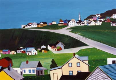Huile sur toile 24 x 36 1991 Au premier plan, on retrouve une rangée de maisons qui agit comme repoussoir à la scène qui se trouve derrière. Celle-ci se compose d’un champ parsemé de fleurs. On rencontre ensuite d’autres bâtiments qui se trouvent en bas d’une colline. A droite de ces maisons, on peut voir un chemin qui rejoint une route montant sur la colline. Puis, à droite de cette route, surplombant la colline, on retrouve un village dont le point culminant se situe dans le clocher de l’église. Le ciel est uniforme, saturé de turquoise.