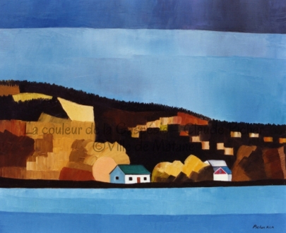 Huile sur toile 24×30 1991 Voici une autre scène d’automne qui montre, en premier plan, la rivière Matane, rendue par des bandes de couleur bleue. On peut ensuite voir sur ses rives quelques bâtiments puis, derrière, s’étendent des champs et des arbres colorés aux chaudes couleurs de l’automne. Un ciel sans nuage surplombe le tout.