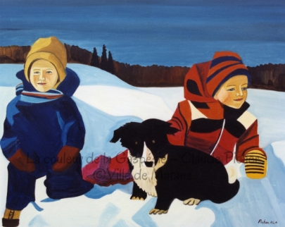 Huile sur toile 24×30 1991 Sur cette toile, on aperçoit deux des enfants du peintre, chaudement habillés pour aller jouer dehors en compagnie de leur fidèle compagnon de jeu, un petit chien noir. Les enfants ont été saisis au moment où ils faisaient une pose au milieu de leurs jeux. Ils sont l’un agenouillé, l’autre étendu sur la neige et leur ombre bleue se reflète autour d’eux. Loin derrière, on découvre un rideau d’arbres et au-delà de ce rideau, un ciel bleu.