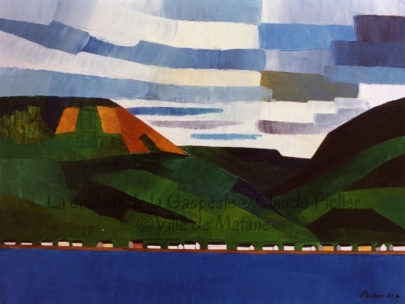 Huile sur toile 18×24 1991 Des monts verdoyants occupent la scène. A leur base, une rangée de maisons qui s’alignent avec rythme sur le rivage, tout près du fleuve d’un bleu profond. Au ciel, des bandes de diverses teintes bleutées strient l’espace.