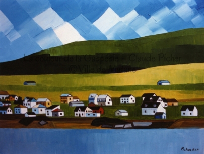 Huile sur toile 18×24 1992 Un village occupe la plaine aux herbes jaunissantes, près du fleuve. Derrière lui, on peut voir des montagnes. Ces montagnes se découpent sur un ciel carrelé de bleu, dans lequel les empâtements de la matière sont visibles.