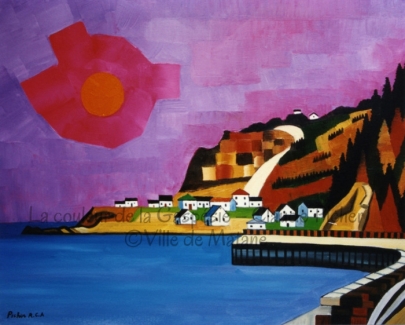 Huile sur toile 24×30 1992 Dans cette oeuvre, on découvre un village, érigé à flanc de montagne. Cette montagne est représentée par Picher un peu comme une tapisserie ou une courtepointe. En effet, les motifs, décoratifs, s’emboîtent les uns dans les autres et semblent créer un effet de planéité plutôt qu’un effet perspectif. Une côte travaillée par les mains de l’homme suit le fleuve et conduit à ce village. Le fleuve bleu teinté de mauve débouche sur un ciel de cette même couleur dans lequel resplendit un soleil orangé et son aura magenta.