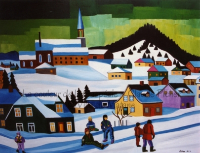Huile sur toile 30×40 1992 Le premier plan de cette oeuvre est créé en diagonal. En effet, on retrouve un chemin, couvert de neige et sur lequel des enfants jouent. Le long de ce chemin s’alignent des maisons, maisons qui semblent trop petites pour abriter les enfants du village. Derrière ce chemin, on découvre d’autres bâtiments, dont l’église, érigée sur sa colline et qui constitue le point d’arrivée d’une deuxième diagonale, celle-ci orientée en sens inverse de la première et qui semble issue de cette dernière. Pour compléter ce réseau de lignes diagonales, on retrouve une rangée de sapins qui monte puis redescend. Derrière ces arbres, un ciel verdoyant coupe l’effet de mouvement créé par les diagonales et donne un caractère plus stable à l’oeuvre.