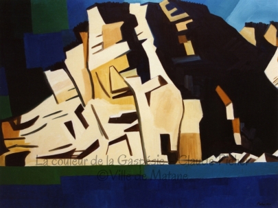 Huile sur toile 36×48 1992 Ce rocher, sculpté par la lumière, présente aussi une face plongée dans l’ombre. II semble posé sur le fleuve, un fleuve qui paraît solide et qui est fait de bandes de couleur. Le rocher se détache sur un ciel découpé dans les mêmes couleurs que celles du fleuve.