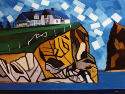 Huile sur toile 36×48 1992 La maison surplombant Percé se dresse sur un cap rocheux recouvert d’une herbe verdoyante. Ce cap rocheux est créé par un ensemble de lignes et de couleurs. A proximité, on aperçoit une partie du rocher Percé, un peu perdu dans l’ombre. Un ciel agité de formes bleues et blanches flottant dans l’air couronne le tout. Au pied des rochers, une eau calme. La ligne diagonale du cap vient briser l’horizontalité du plan d’eau.