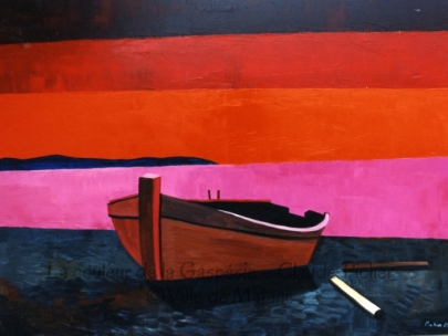 Huile sur toile 36×48 1992 Trois bandes de couleur, une brunâtre, une rougeâtre et une orangée, composent le ciel. Sur ce ciel se découpe une côte vue de loin, peinte de couleur foncée. L’eau du fleuve est rose et il semble qu’elle vient de laisser s’échapper une barque qui repose sur un rivage dont la facture est faite de coups de pinceau gris, noirs ou bruns. Près de la barque gisent les deux rames, abandonnées.
