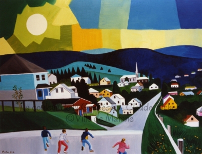 Huile sur toile 36×48 1992 Une route traversant le village nous amène du premier plan vers l’arrière. Sur cette route courent des enfants, les mêmes enfants que l’on peut voir dans plusieurs oeuvres de Picher (voir, par exemple, Petite-Madeleine (#41)). Le village de Causapscal est disposé selon les variations d’un terrain vallonné. Dans ce village, on aperçoit l’église. Derrière elle, les collines prennent place. Elles s’étendent le long d’un ciel aux diverses couleurs, au centre duquel brille un soleil blanc.