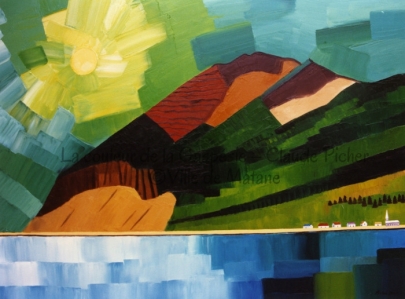 Huile sur toile 36×48 1992 Le clair de lune émet des rayons jaunes et verts. Il s’étend sur le mont, lui aussi peint de jaune et de vert mais aussi de diverses teintes de brun aux endroits où la végétation a laissé la place à la terre. On peut voir une partie du reflet du mont dans le fleuve, reflet bientôt assimilé par les flots bleus. On remarque à la base de la montagne un petit village. Le peintre a largement étendu la matière pour cette oeuvre, créant d’épais empâtements. Bien qu’on parle de clair de lune, la scène est aussi illuminée que si elle était vue en plein jour.