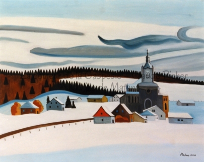 Huile sur toile 24×30 1993 Ce tableau illustre le petit village tout entouré de neige. L’église se montre dans toute sa monumentalité. La forêt, telle une forteresse, sépare la terre enneigée du ciel et dans ce ciel, des traces sinueuses de couleur grise n’évoquent pas le retour du beau temps mais laissent plutôt présager un orage.