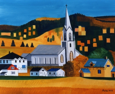 Huile sur toile 24×30 1993 Cette oeuvre montre un détail du village. En effet, on ne voit que quelques bâtiments de ce village dont l’église trône fièrement au centre de l’oeuvre. Le premier plan est stable, fait d’un étagement herbeux tandis que les montagnes érigées derrière le village présentent plus de mouvement, mouvement dû aux formes courbes et aux carrés de couleur orangée qui donnent l’effet de flotter au-dessus des plans d’herbe verte. Derrière ces montagnes, on découvre un ciel uniforme et calme.