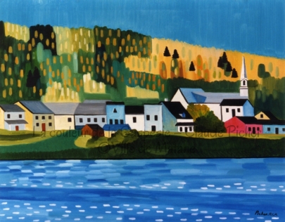 Huile sur toile 24×30 1993 Le village de Sainte-Florence est présenté ici comme un emboîtement de bâtiments les uns dans les autres. En effet, ils semblent collés et ne laissent rien passer entre eux. Ce bloc compact de maisons semble écrasé par la forêt qui se trouve à l’arrière du village et qui, elle, ressemble à un emboîtement de champs de diverses couleurs, parsemés d’arbres aposés sur la toile en un rythme régulier. Cassant ce rythme vertical, le cours d’eau du premier plan présente aussi un rythme, mais un rythme dont les touches sont orientées horizontalement.